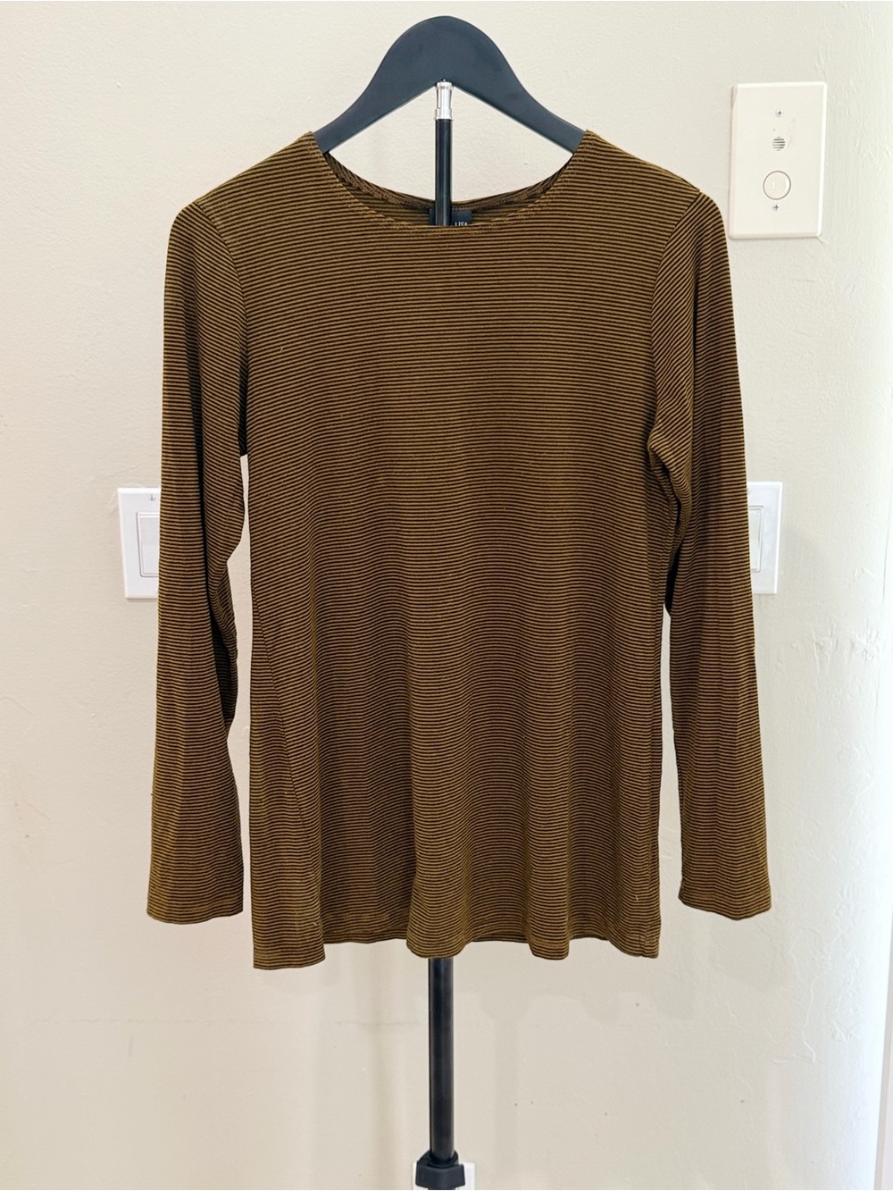 Lisa Bayne Lagenlook Mustard Black Striped Top XS Made in USA Gorpcore